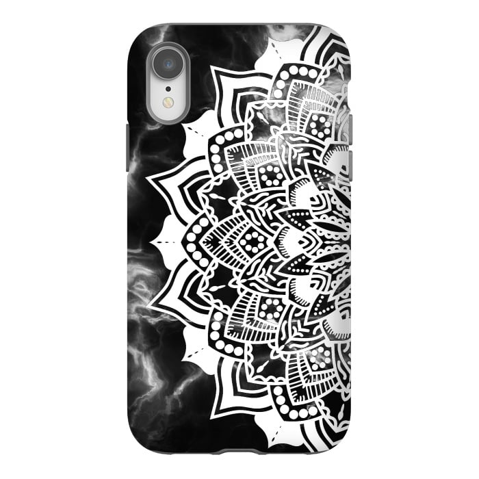 iPhone Xr StrongFit White floral line art mandala on black marble by Oana 