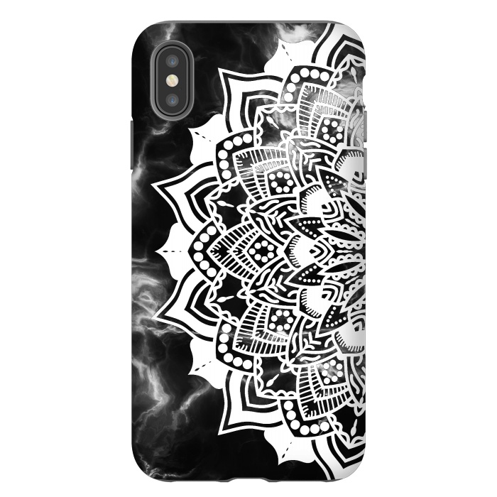 iPhone Xs Max StrongFit White floral line art mandala on black marble by Oana 