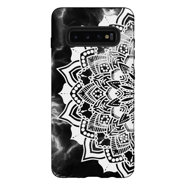Galaxy S10 plus StrongFit White floral line art mandala on black marble by Oana 