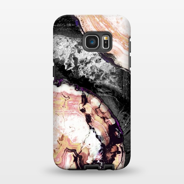 Galaxy S7 EDGE StrongFit Golden agata gemstone slices on black marble by Oana 