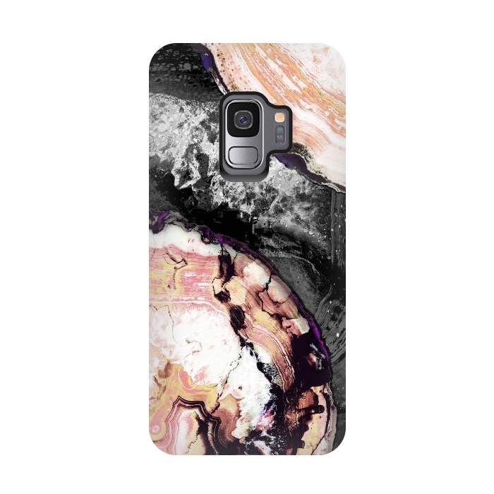 Galaxy S9 StrongFit Golden agata gemstone slices on black marble by Oana 