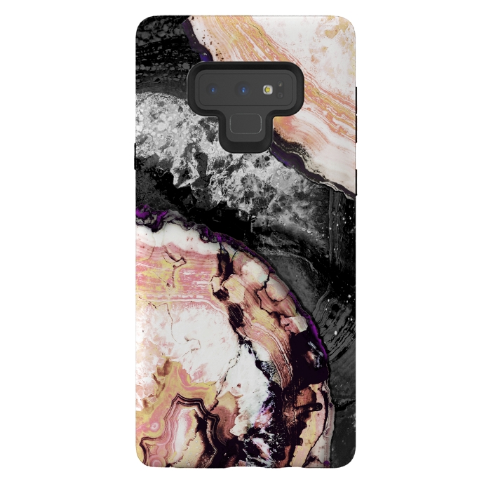 Galaxy Note 9 StrongFit Golden agata gemstone slices on black marble by Oana 