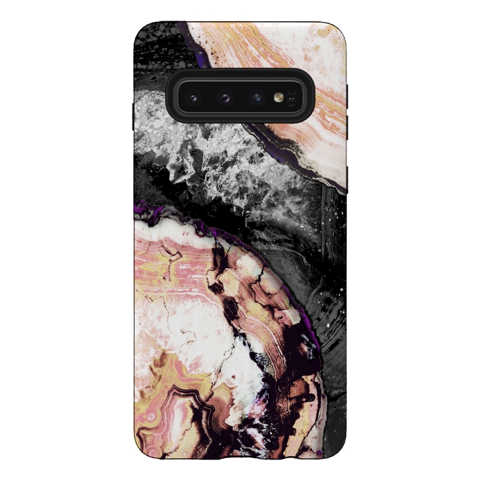 Galaxy S10 StrongFit Golden agata gemstone slices on black marble by Oana 