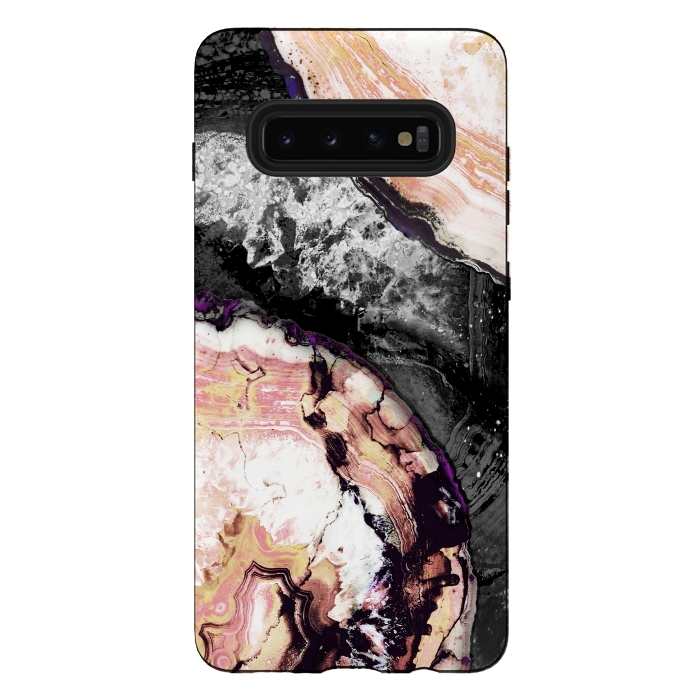 Galaxy S10 plus StrongFit Golden agata gemstone slices on black marble by Oana 