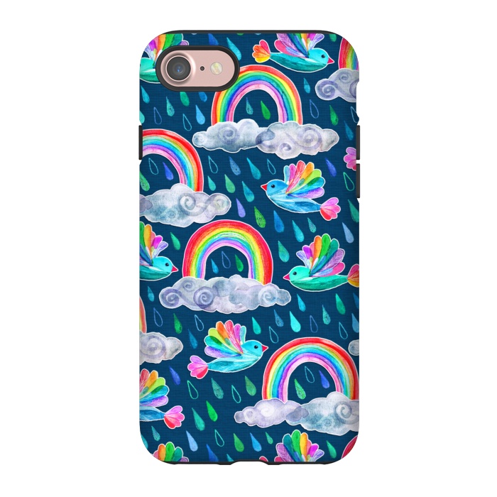 iPhone 7 StrongFit Watercolor Rainbow Birds on Navy by Micklyn Le Feuvre