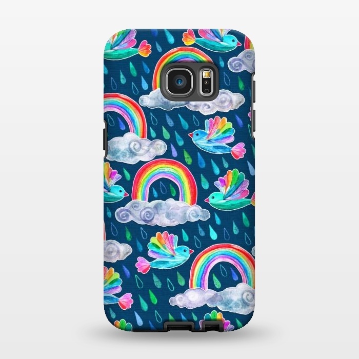 Galaxy S7 EDGE StrongFit Watercolor Rainbow Birds on Navy by Micklyn Le Feuvre