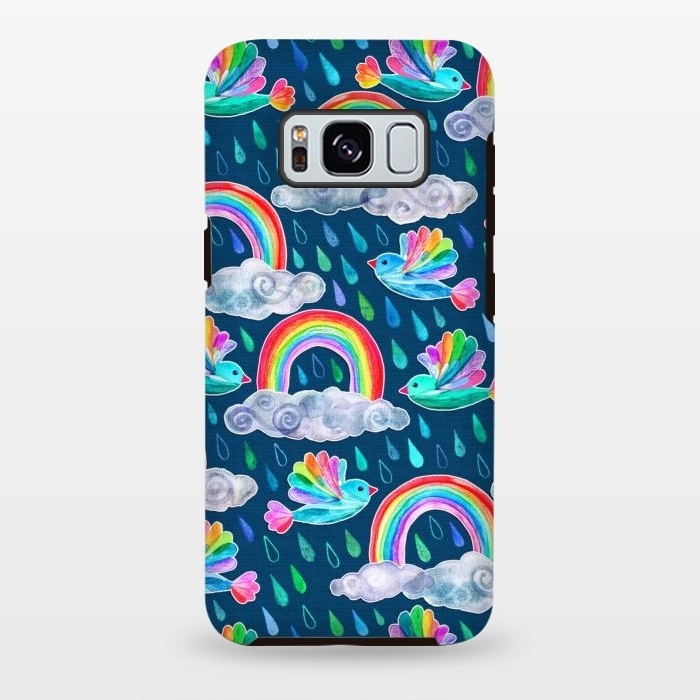 Galaxy S8 plus StrongFit Watercolor Rainbow Birds on Navy by Micklyn Le Feuvre