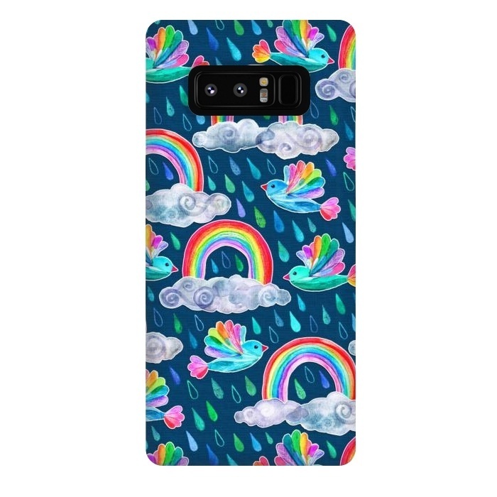 Galaxy Note 8 StrongFit Watercolor Rainbow Birds on Navy by Micklyn Le Feuvre