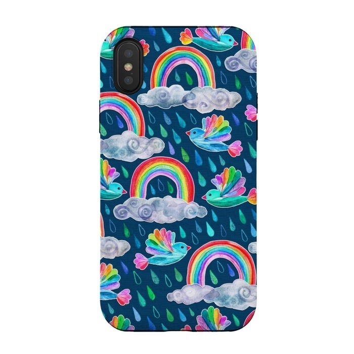 iPhone Xs / X StrongFit Watercolor Rainbow Birds on Navy by Micklyn Le Feuvre