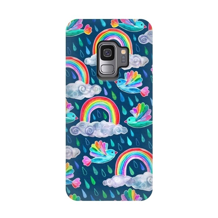Galaxy S9 StrongFit Watercolor Rainbow Birds on Navy by Micklyn Le Feuvre