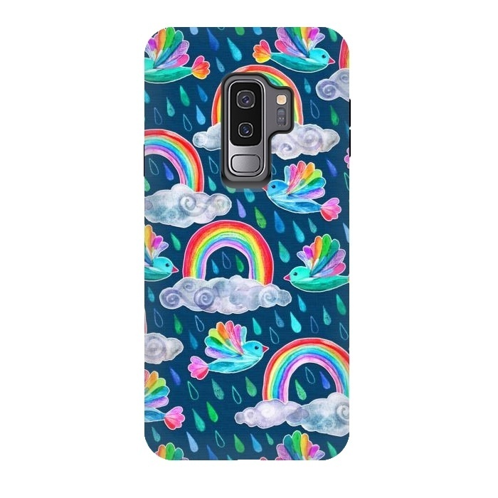 Galaxy S9 plus StrongFit Watercolor Rainbow Birds on Navy by Micklyn Le Feuvre