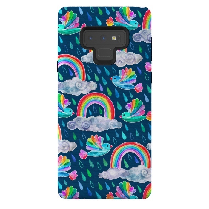Galaxy Note 9 StrongFit Watercolor Rainbow Birds on Navy by Micklyn Le Feuvre