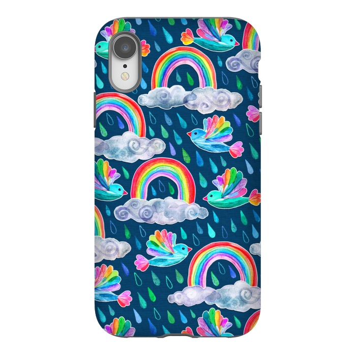 iPhone Xr StrongFit Watercolor Rainbow Birds on Navy by Micklyn Le Feuvre