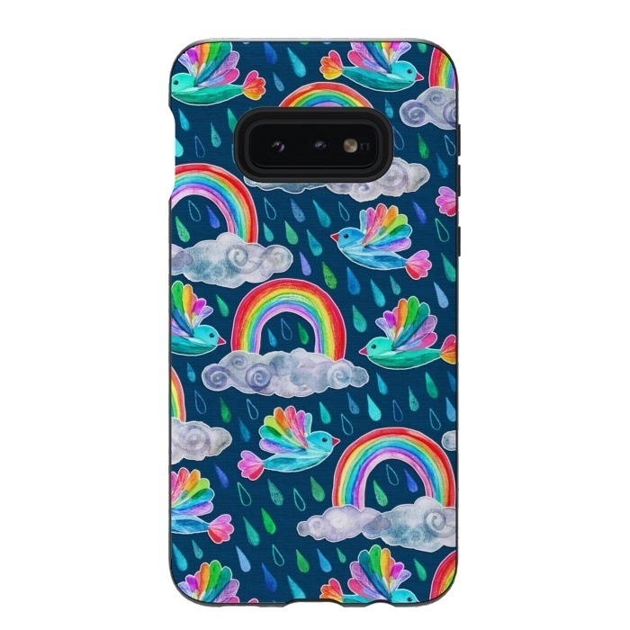 Galaxy S10e StrongFit Watercolor Rainbow Birds on Navy by Micklyn Le Feuvre