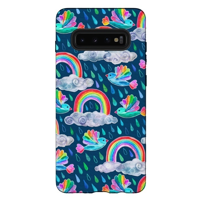 Galaxy S10 plus StrongFit Watercolor Rainbow Birds on Navy by Micklyn Le Feuvre