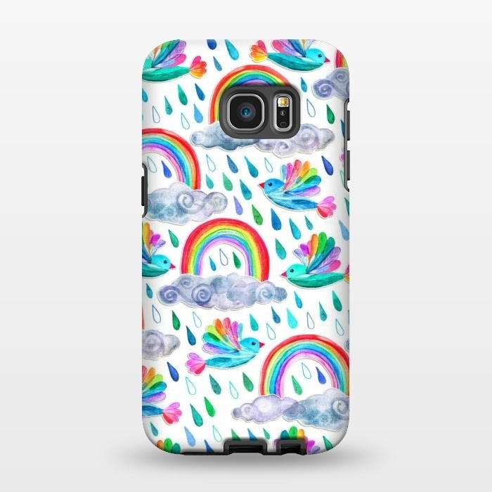 Galaxy S7 EDGE StrongFit Happy Rainbow Birds on White by Micklyn Le Feuvre