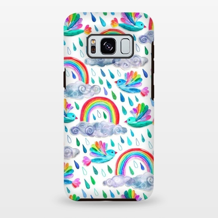 Galaxy S8 plus StrongFit Happy Rainbow Birds on White by Micklyn Le Feuvre