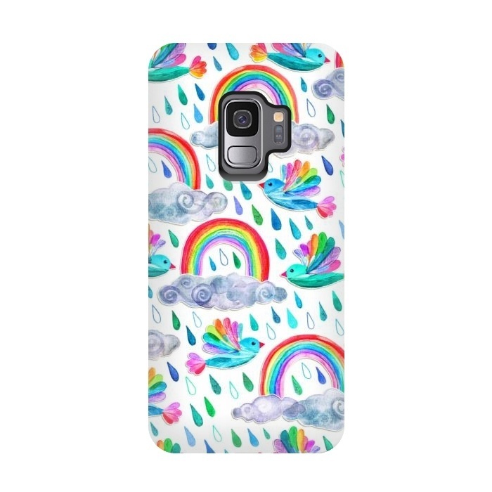 Galaxy S9 StrongFit Happy Rainbow Birds on White by Micklyn Le Feuvre