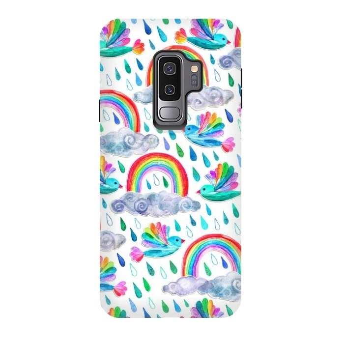 Galaxy S9 plus StrongFit Happy Rainbow Birds on White by Micklyn Le Feuvre