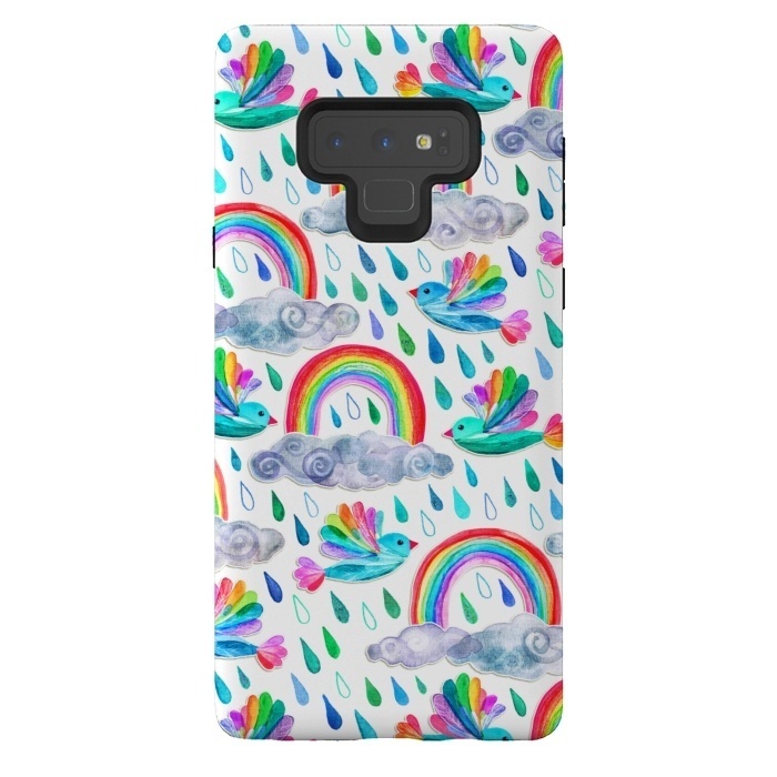 Galaxy Note 9 StrongFit Happy Rainbow Birds on White by Micklyn Le Feuvre