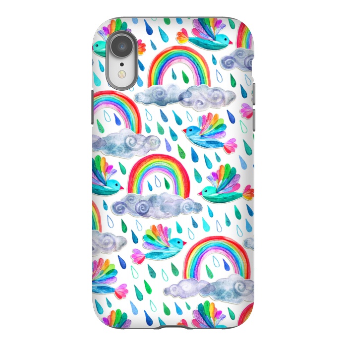 iPhone Xr StrongFit Happy Rainbow Birds on White by Micklyn Le Feuvre