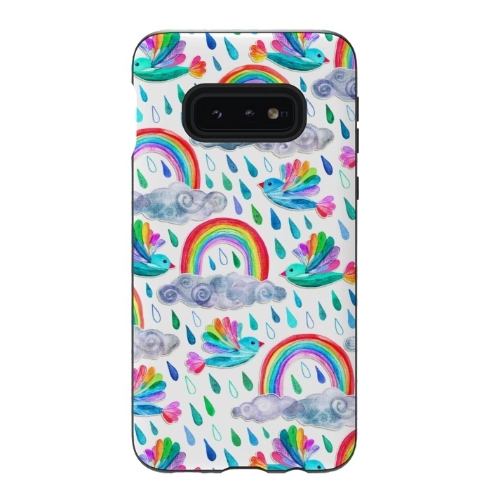 Galaxy S10e StrongFit Happy Rainbow Birds on White by Micklyn Le Feuvre