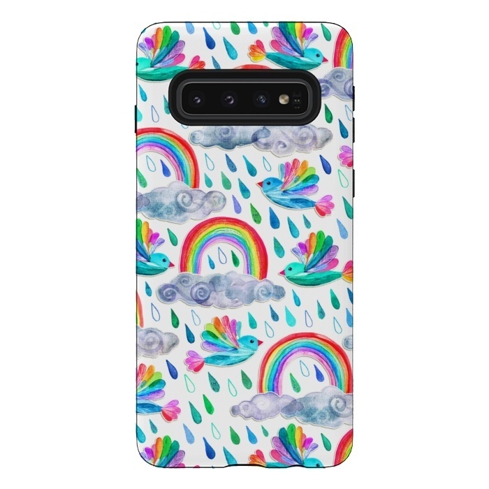 Galaxy S10 StrongFit Happy Rainbow Birds on White by Micklyn Le Feuvre