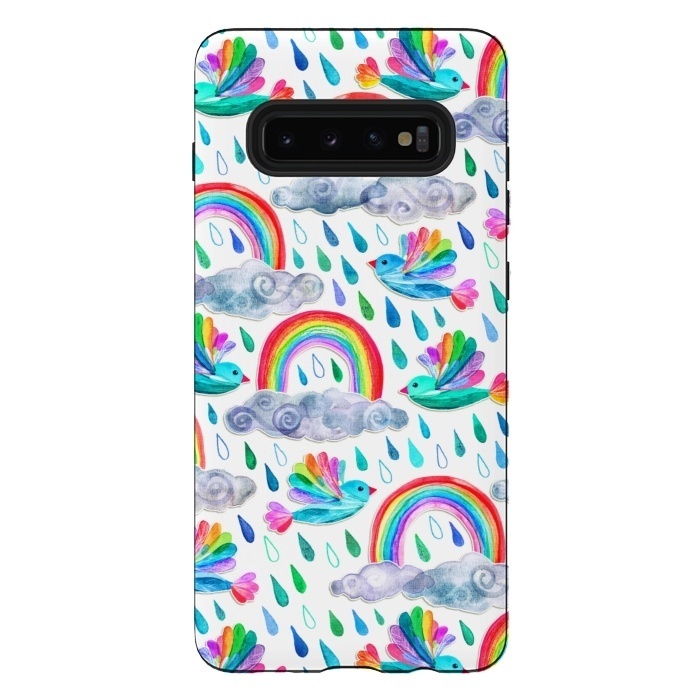 Galaxy S10 plus StrongFit Happy Rainbow Birds on White by Micklyn Le Feuvre