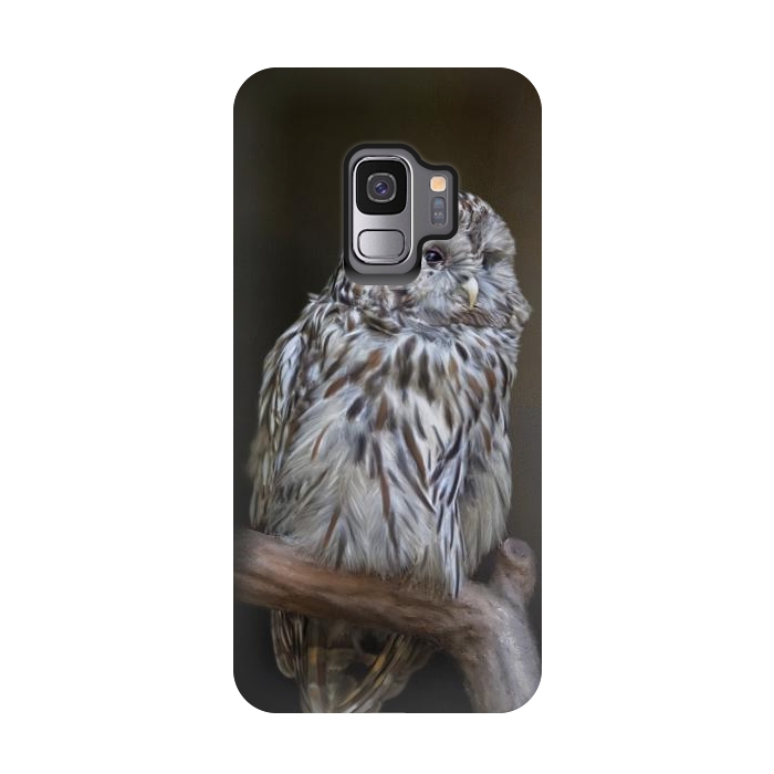 Galaxy S9 StrongFit A lovely cute painted owl with a brown background by Simone Gatterwe