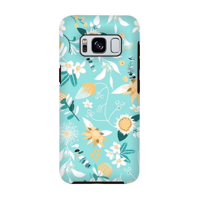 Galaxy S8 StrongFit Stylized Australian Florals in Blue and Yellow by Paula Ohreen