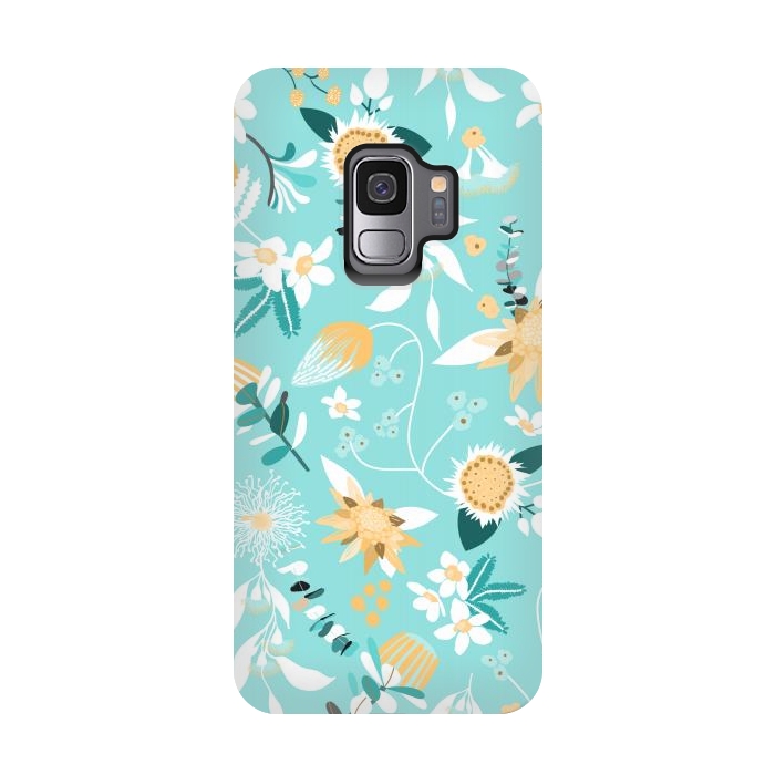 Galaxy S9 StrongFit Stylized Australian Florals in Blue and Yellow by Paula Ohreen