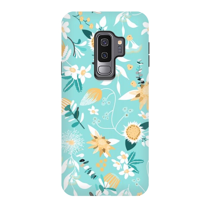 Galaxy S9 plus StrongFit Stylized Australian Florals in Blue and Yellow by Paula Ohreen