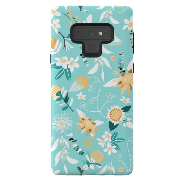 Galaxy Note 9 StrongFit Stylized Australian Florals in Blue and Yellow by Paula Ohreen