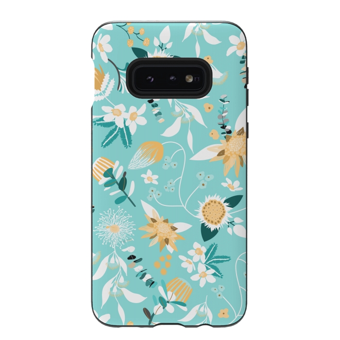 Galaxy S10e StrongFit Stylized Australian Florals in Blue and Yellow by Paula Ohreen