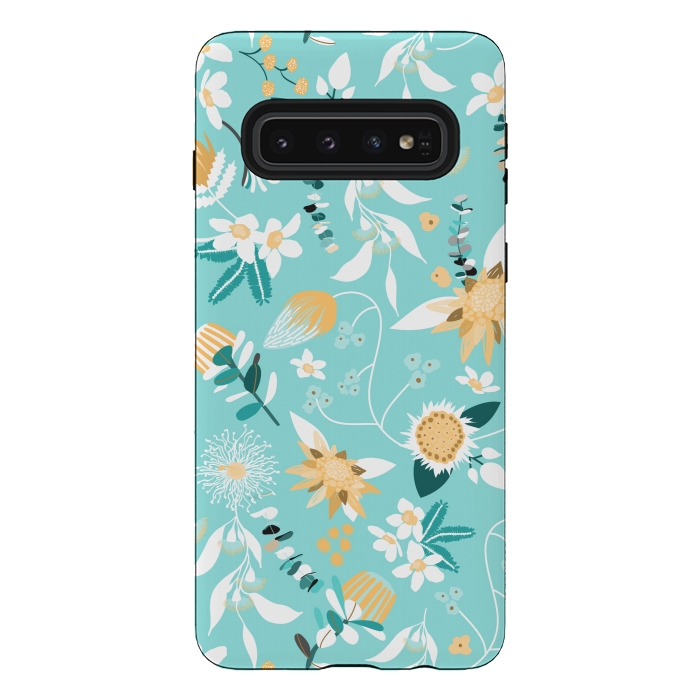 Galaxy S10 StrongFit Stylized Australian Florals in Blue and Yellow by Paula Ohreen