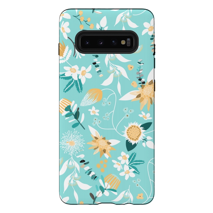 Galaxy S10 plus StrongFit Stylized Australian Florals in Blue and Yellow by Paula Ohreen