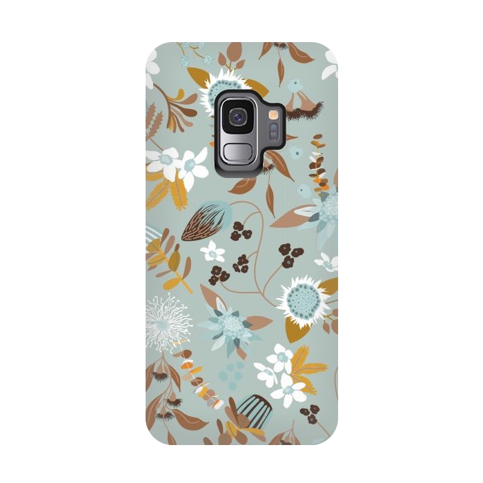 Galaxy S9 StrongFit Stylized Australian Florals in Blue and Mustard by Paula Ohreen