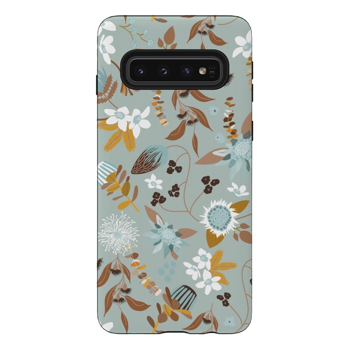 Galaxy S10 StrongFit Stylized Australian Florals in Blue and Mustard by Paula Ohreen