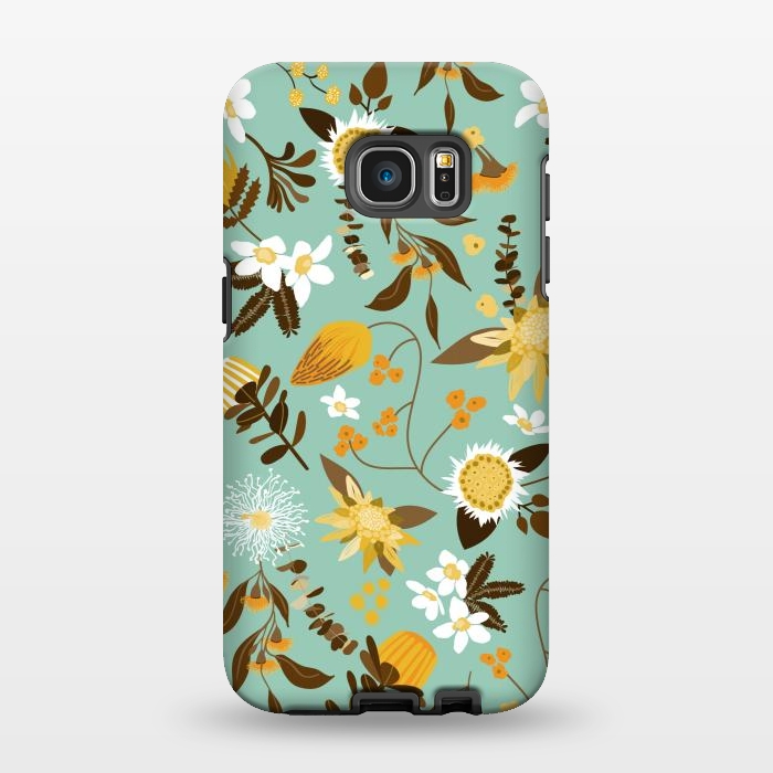 Galaxy S7 EDGE StrongFit Stylized Australian Florals in Teal and Mustard by Paula Ohreen