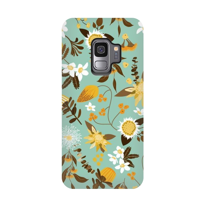 Galaxy S9 StrongFit Stylized Australian Florals in Teal and Mustard by Paula Ohreen