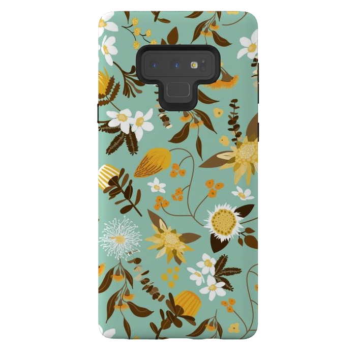 Galaxy Note 9 StrongFit Stylized Australian Florals in Teal and Mustard by Paula Ohreen