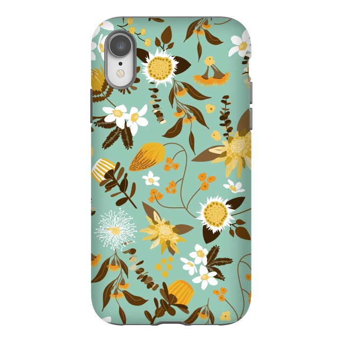 iPhone Xr StrongFit Stylized Australian Florals in Teal and Mustard by Paula Ohreen