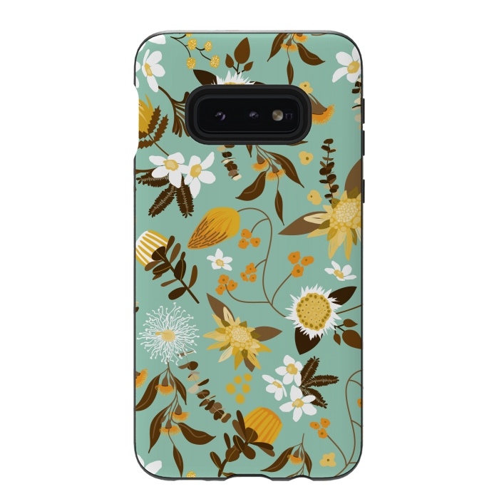 Galaxy S10e StrongFit Stylized Australian Florals in Teal and Mustard by Paula Ohreen