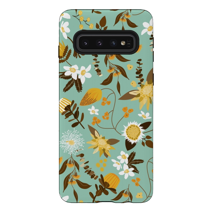 Galaxy S10 StrongFit Stylized Australian Florals in Teal and Mustard by Paula Ohreen
