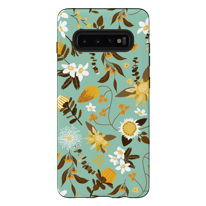 Galaxy S10 plus StrongFit Stylized Australian Florals in Teal and Mustard by Paula Ohreen