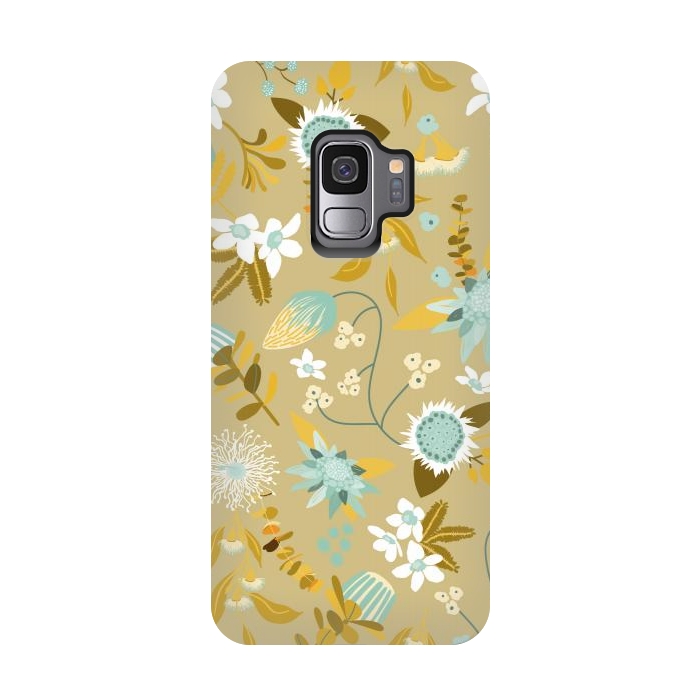 Galaxy S9 StrongFit Stylized Australian Florals in Blue and Cream by Paula Ohreen