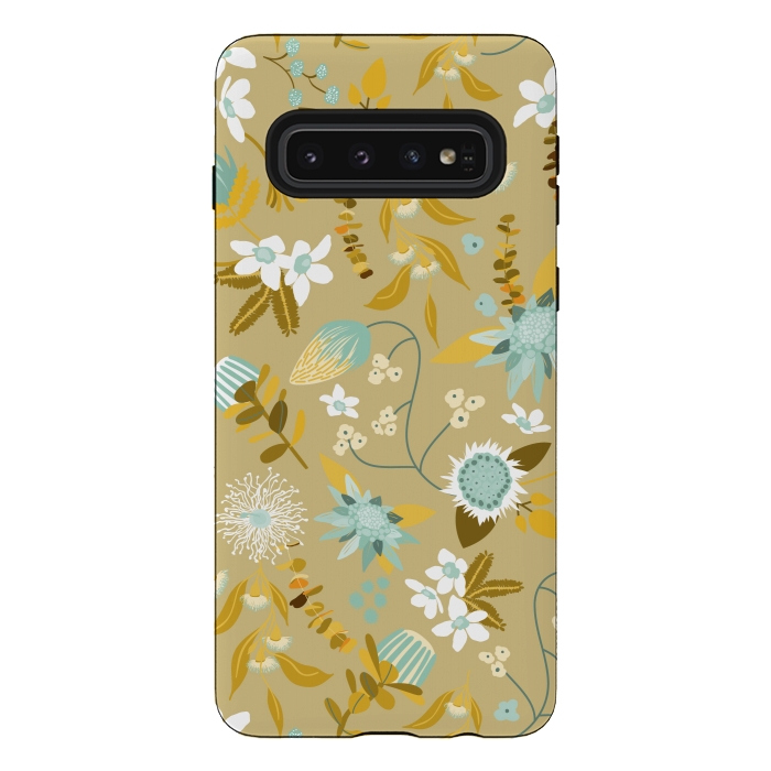 Galaxy S10 StrongFit Stylized Australian Florals in Blue and Cream by Paula Ohreen