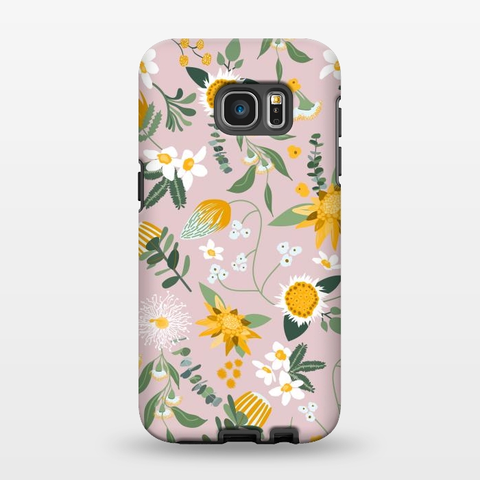 Galaxy S7 EDGE StrongFit Stylized Australian Florals in Pink and Yellow by Paula Ohreen