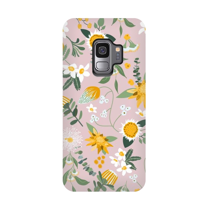 Galaxy S9 StrongFit Stylized Australian Florals in Pink and Yellow by Paula Ohreen