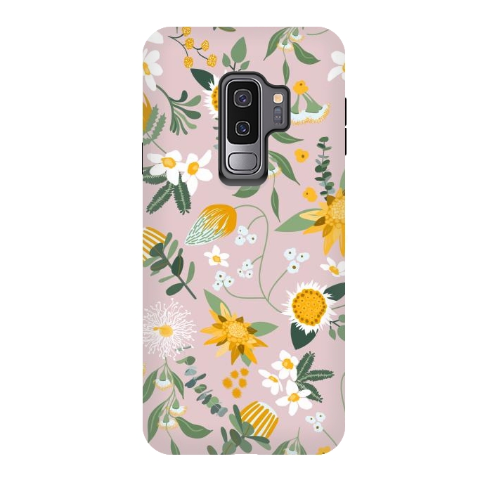 Galaxy S9 plus StrongFit Stylized Australian Florals in Pink and Yellow by Paula Ohreen